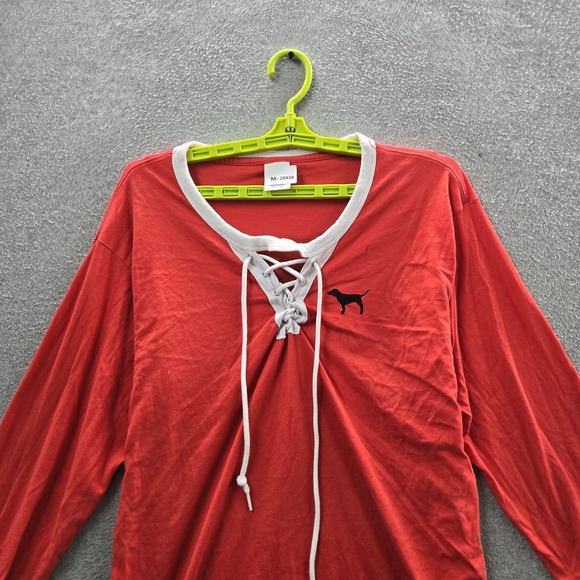 Victoria's Secret PINK Women Shirt M Red Logo V-Neck Lace Up Dog Campus Varsity - Picture 4 of 8